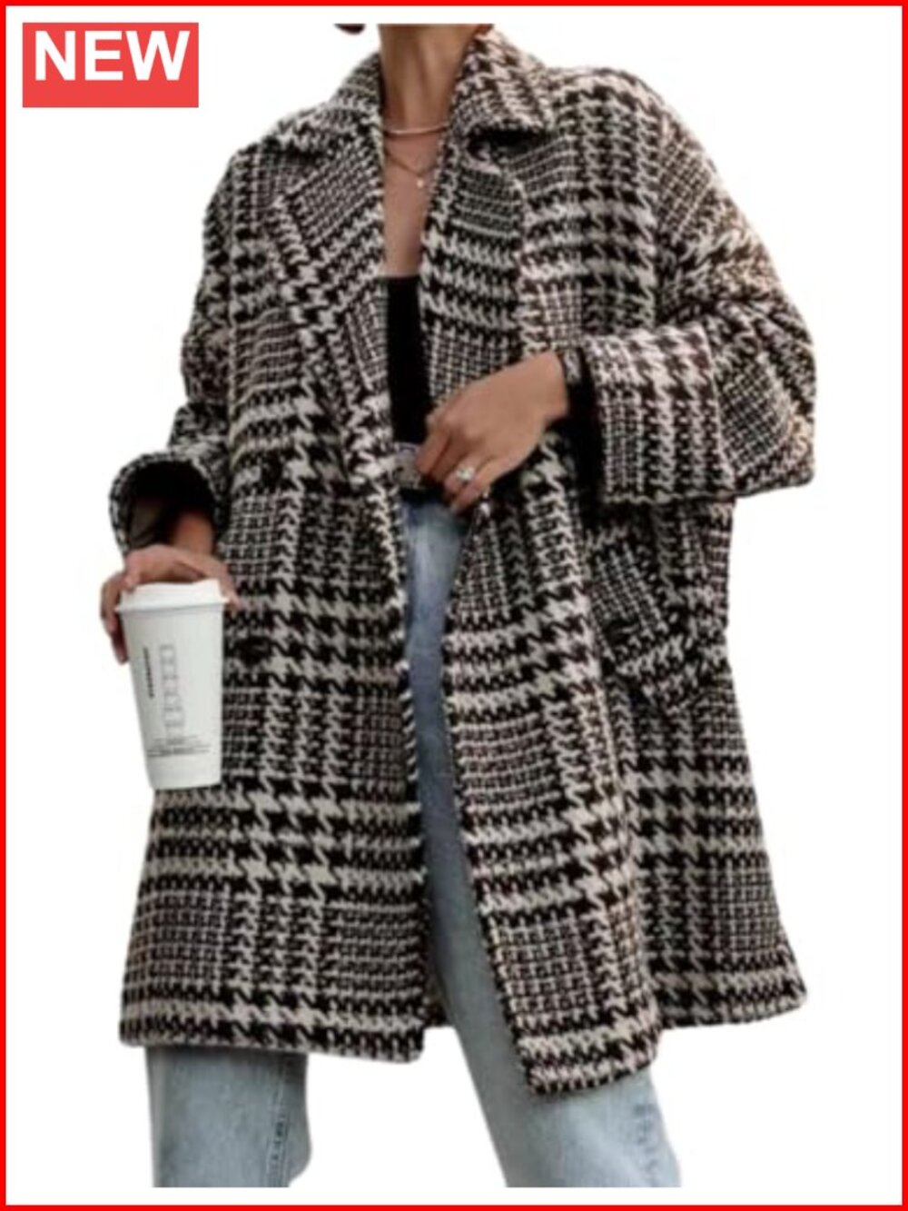 Houndstooth Wool Blend Coat Notch Lapel Double Breasted Peacoat